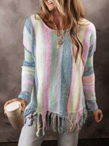 Acelitt Fashionable Plaid Color Block Long Sleeve Loose Oversized Pullover Sweater,Long Sleeve Tops - Multicolor - View 1