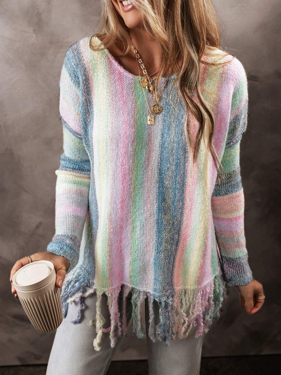 Acelitt Fashionable Plaid Color Block Long Sleeve Loose Oversized Pullover Sweater,Long Sleeve Tops - Multicolor - View 1