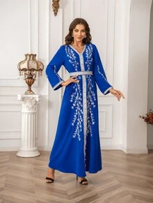 Bata de manga larga ajustada con cuello en V bordado y volantes, elegante y encantadora - Azul - Ver 8