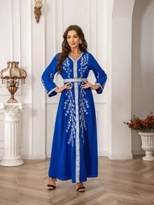 Bata de manga larga ajustada con cuello en V bordado y volantes, elegante y encantadora - Azul - Ver 5