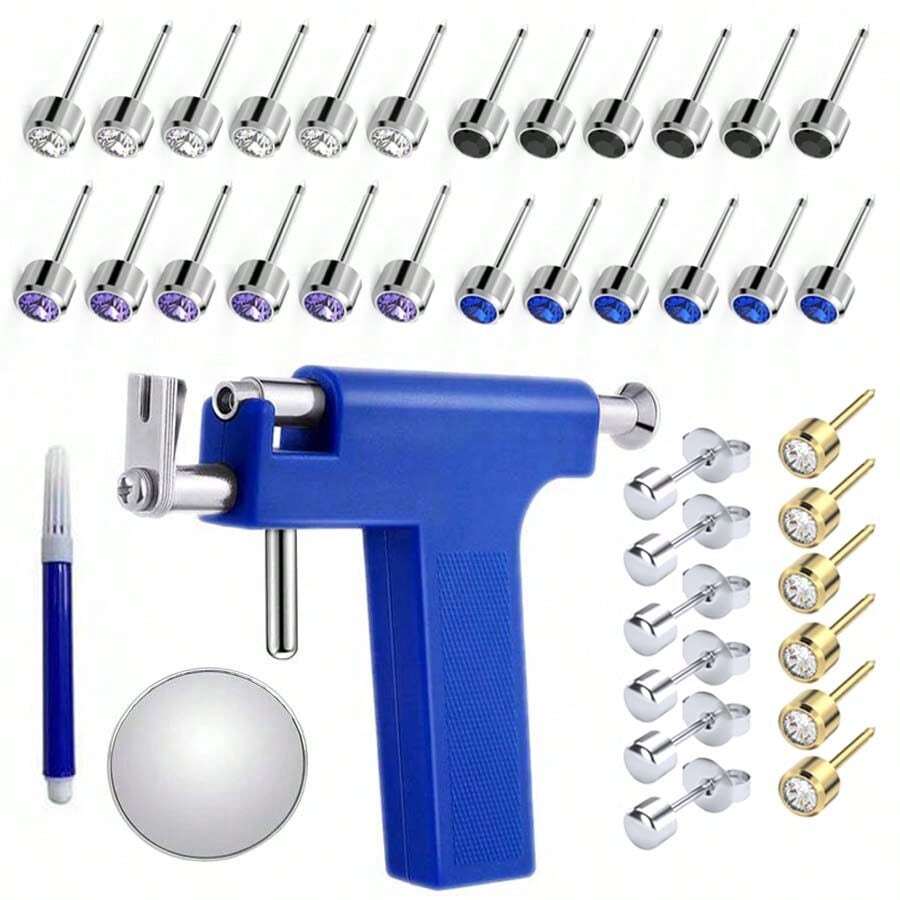 Ear Piercing Tool Stainless Steel Ear Piercing Gun With 18 Pairs Ear Stud For Salon And Home Use - Small Blue Gun + 18 Pairs Of Earrings - View 1