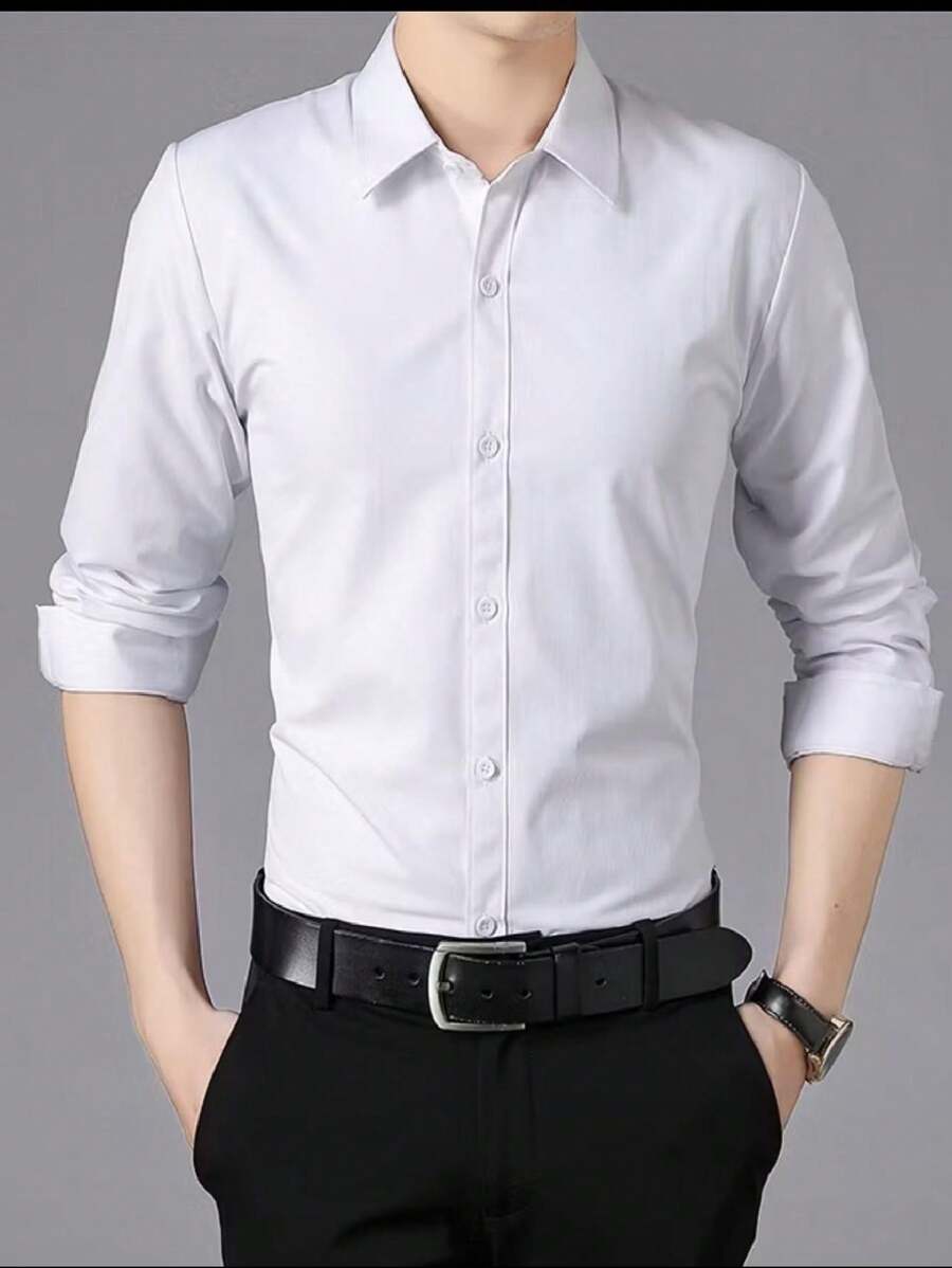 Men's Long Sleeve Slim Fit Dress Shirt - 白色 - 查看 1