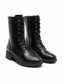 Women's Almond Round Toe Mid-Calf Boots Lace-Up Side Zipper Classic Combat Cycling Winter Military Boots  Riding Winter Festival Christmas Black Boots - ĐEN/PU - Xem 2
