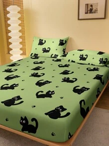 1pc Cute Cat Graphic Printed Fitted Sheet, Green Background With Black Cat Pattern, Bedroom Bedding Set (Without Pillow Case) - Multicolor - View 3