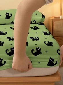 1pc Cute Cat Graphic Printed Fitted Sheet, Green Background With Black Cat Pattern, Bedroom Bedding Set (Without Pillow Case) - Multicolor - View 5