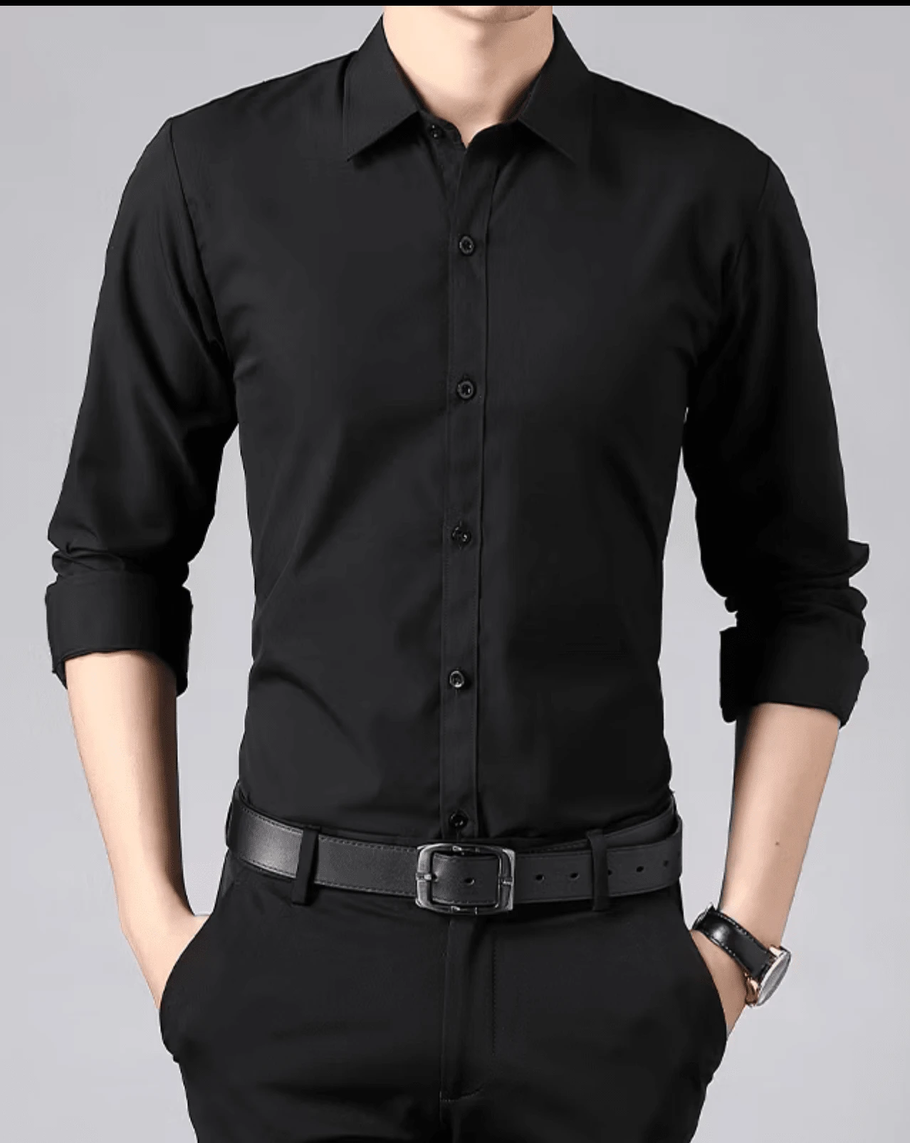 Men's Long Sleeve Slim Fit Dress Shirt - Black - View 1