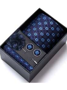 AlanKing 1 set de corbata, pañuelo de bolsillo, gemelos y broche con diseño de flor dorado para hombre, para fiestas/festivales