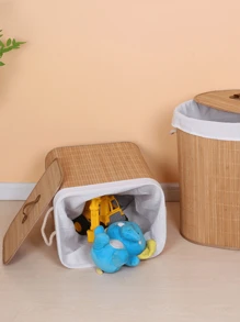 Natural Bamboo Dirty Clothes Storage Frame, Linen Lining With Lid, Portable - Rectangular - View 2