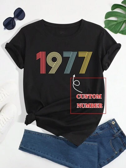 Women's Regular Fit Short Sleeve Customized Number Print Casual T-Shirt