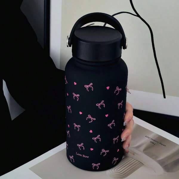 قارورة مياه 1 قطعة بسعة 22 أونصة/650 مل من سلسلة قلب وفيونكة وردية اللون، كأس مزدوج الجدران من الفولاذ المقاوم للصدأ معزول، كوب قهوة، كوب تخليم للتخييم، جسم ناعم مطلي بالسيليكون، هدية عيد الأم/عيد الميلاد