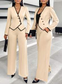 AIJ Conjunto de traje asimétrico de una sola hilera con detalles de bolsillo y ribete de contraste para mujer, adecuado para el trabajo y el transporte, Amarilo 2024 Otoño/Invierno Nuevo - Albaricoque - Ver 4