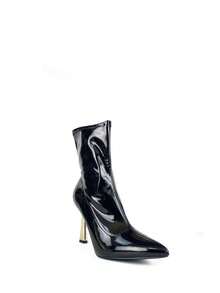 High-Quality Women's High-Heeled Ankle Boots In Burgundy With Patent Leather Finish And Gold Stiletto Heel, Ideal For Dates, Vacations, Parties, And Special Events. - Black - View 4