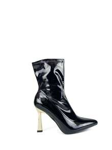 High-Quality Women's High-Heeled Ankle Boots In Burgundy With Patent Leather Finish And Gold Stiletto Heel, Ideal For Dates, Vacations, Parties, And Special Events. - Black - View 3
