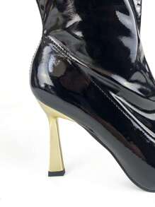 High-Quality Women's High-Heeled Ankle Boots In Burgundy With Patent Leather Finish And Gold Stiletto Heel, Ideal For Dates, Vacations, Parties, And Special Events. - Black - View 9