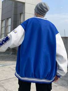 Men's Baseball Jacket Mixed And Leather Jacket Loose Fit Unisex American Style Outwear - Blue - View 5