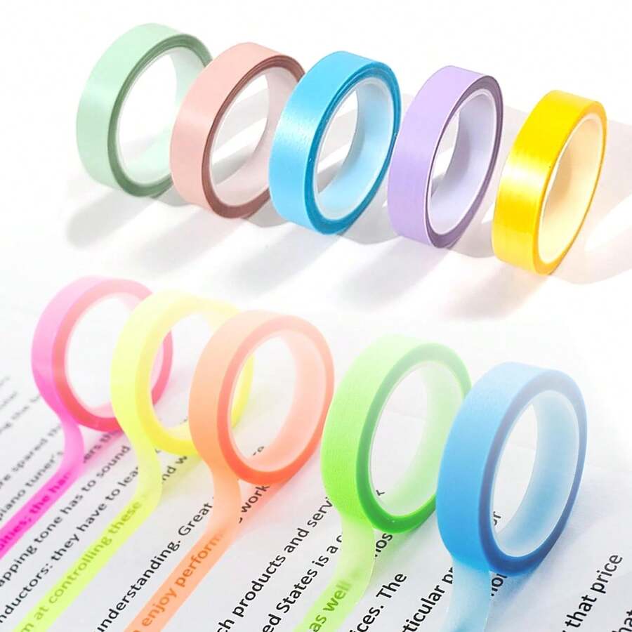 10 Rolls Fluorescent Transparent Index Tabs, Waterproof, Writable Highlighter Strips, Suitable For Bookmarks, Memo, Index Coding, Page Tags (5m*6mm) - Color Mixing - View 1