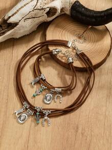 2pcs Bohemian Vintage Cowgirl Style Brown Waxed Alloy Cowboy Hat, Horseshoe Boots, Cactus Multi-Layer Adjustable Ladies Jewelry Gift Set - Multicolor - View 11