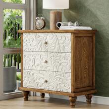 Farmhouse 3 Drawer Dresser With Embossed Flower Leaf Motif Front, Distressed Boho Nightstand, Almost Fully Assembled, Rustic, French Country, Weathered White, Natural & White, Black - Tủ quần áo 3 ngăn kéo White Leaf Front - Xem 4