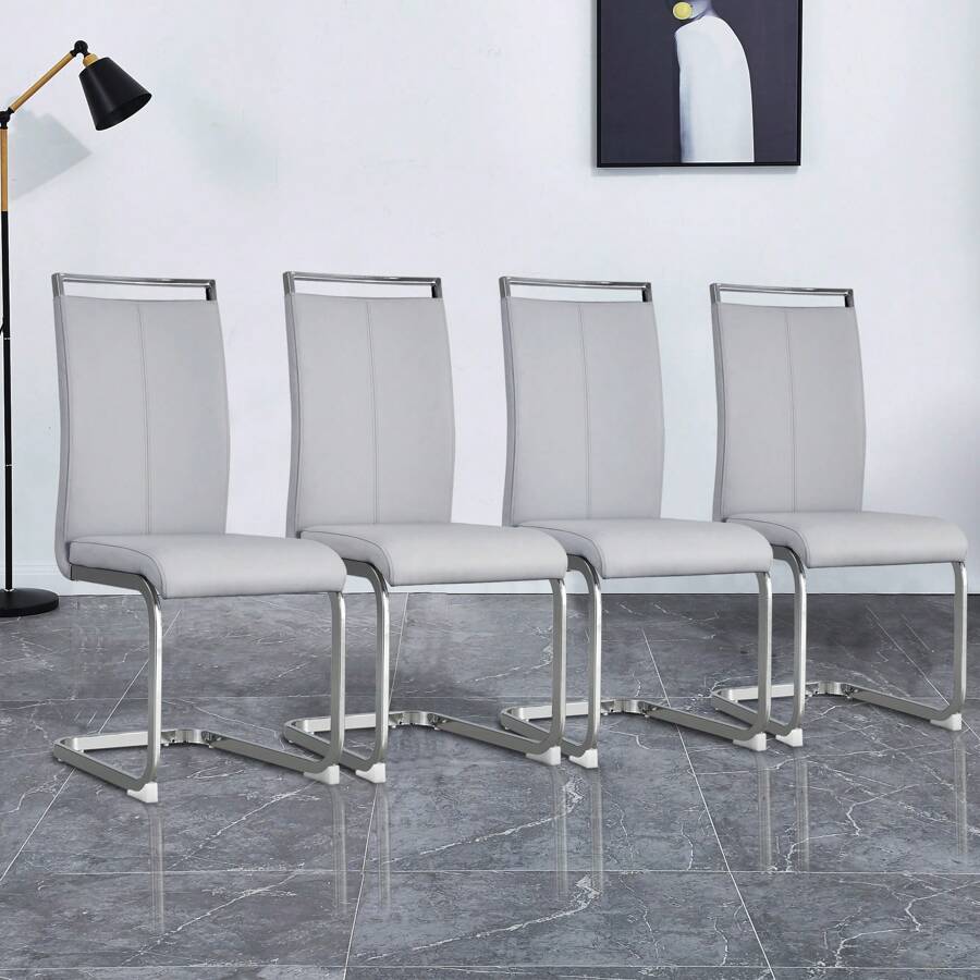 MUUOKY Modern Dining Chairs Set Of 4, PU Leather Dining Chairs, Upholstered Kitchen Chairs With High Back, Modern Armless Side Chairs With Silver Metal Legs, Dining Chair Set For Living Room, Dining Room, Bedroom, Kitchen, Easy To Clean, Easy To Assemble, Home Decor, Thanksgiving, Halloween Decoration, Gifts - 淺灰色 - 查看 1