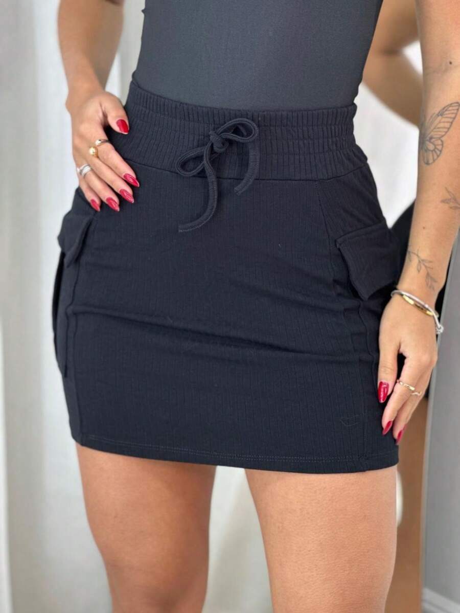 High Waist Cargo Skirt Thick Ribbed Fabric Summer Tube Look - 黑色 - 查看 1