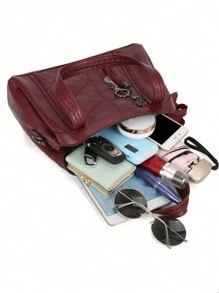 1 pezzo Borsa a tracolla di lusso da donna con cuciture, borsa a mano in pelle PU alla moda, borsa a tracolla con grande capacità e pendente a nappina, borsa a tracolla monocromatica, borsa perfetta per l'uso quotidiano - Bordò - Visualizzare 6