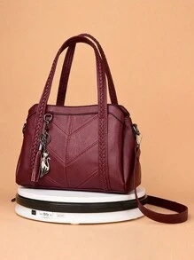 1 pezzo Borsa a tracolla di lusso da donna con cuciture, borsa a mano in pelle PU alla moda, borsa a tracolla con grande capacità e pendente a nappina, borsa a tracolla monocromatica, borsa perfetta per l'uso quotidiano - Bordò - Visualizzare 4