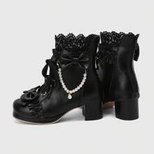 Kawaii Shoes For Women,Goth Lolita Platform Boots,Bow Ankle Boots Cute Sweet Cosplay Shoes - 黑色 - 查看 8