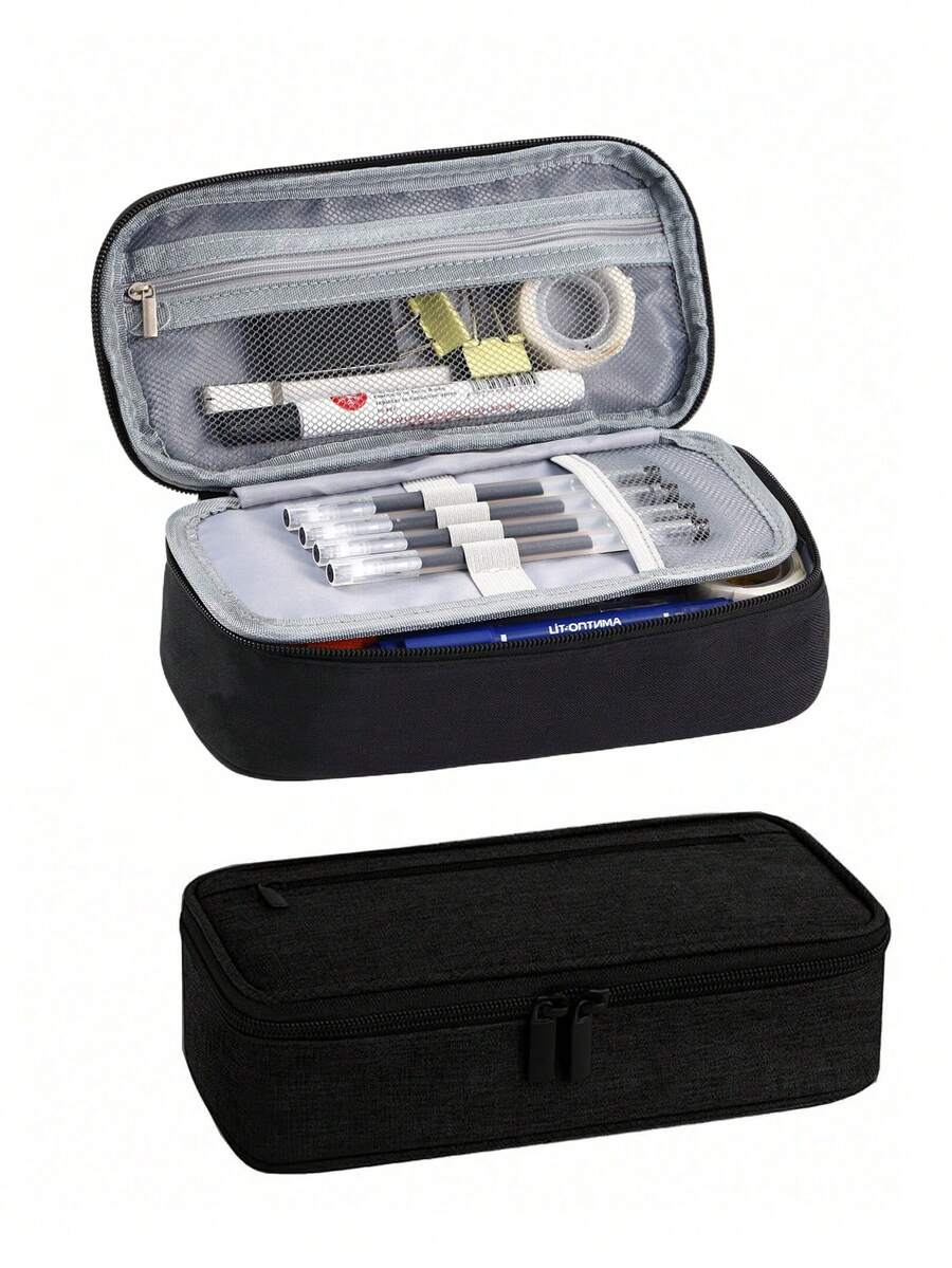 1pc Large Pencil Case, High Capacity Pencil Pouch, Stationery Pen Bag, Large Storage Capacity Bag, Fashionable Pencil Box For Girls - Black - View 1