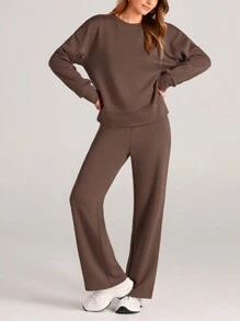 Women's Two Piece Outfits Fall Long Sleeve Pullover Tops And Long Pants Lounge Sets Tracksuit - màu nâu - Xem 2