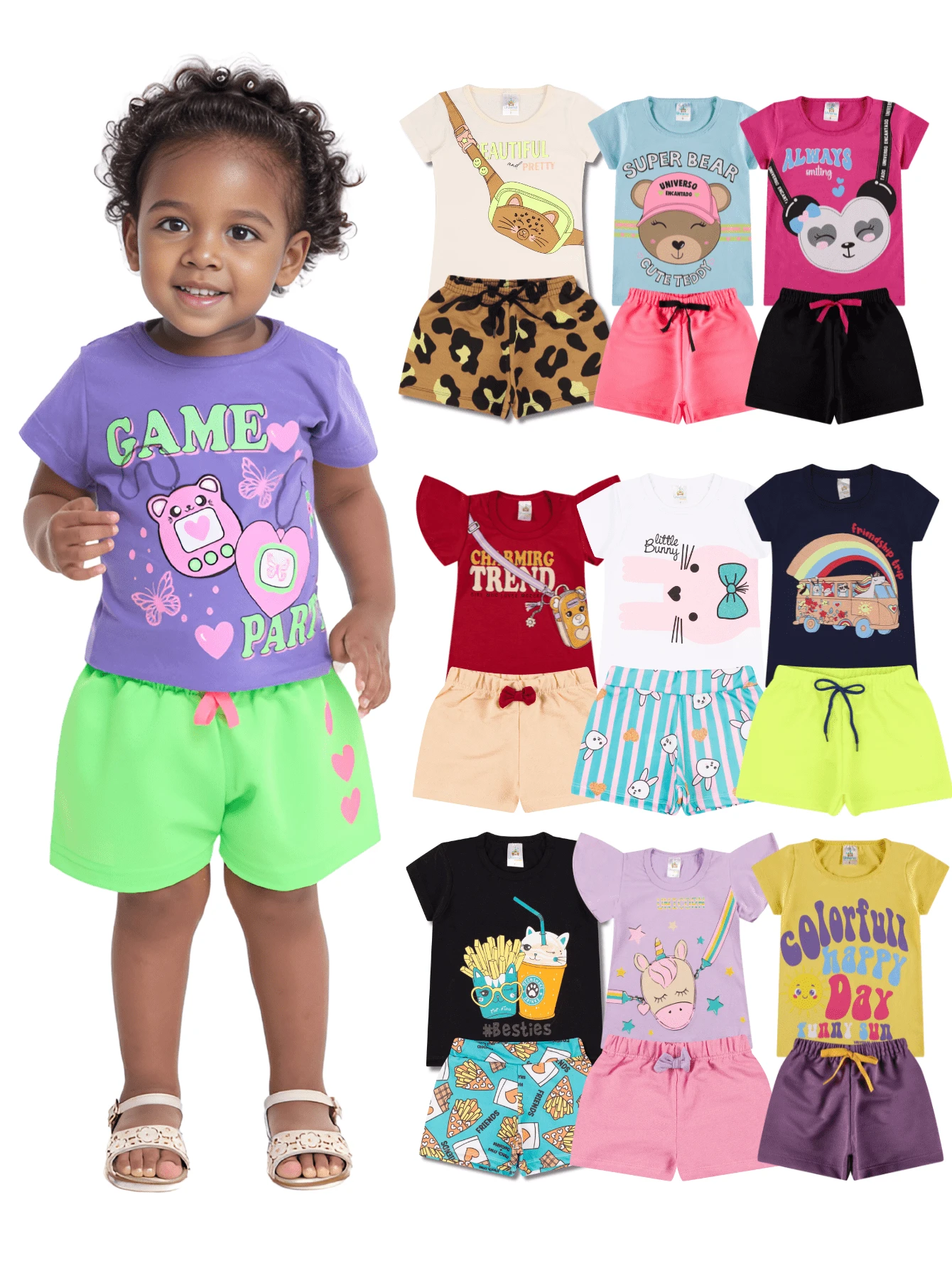 Kit Sortido 8 Peças de Roupas Infantil Bebê Menina (4 Camisetas + 4 Shorts) Kit 4 Conjuntos Bebê