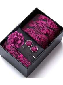 AlanKing 1 set de corbata, pañuelo de bolsillo, gemelos y broche con diseño de flor dorado para hombre, para fiestas/festivales