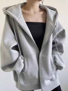 Women's Casual Flannel Sweatshirt With Zipper Closure - Light Grey - View 1