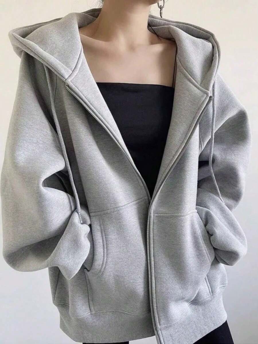 Women's Casual Flannel Sweatshirt With Zipper Closure - Light Grey - View 1