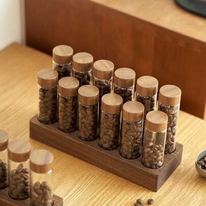 6/12 件带盖核桃木底座咖啡包架 - 可重复使用的玻璃储存容器，用于存放新鲜咖啡豆，包括展示架 - 非常适合厨房和餐厅装饰