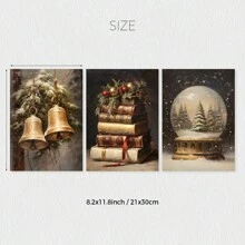 Conjunto de 3 impresiones de arte de pared rústico navideño, pósters de lienzo navideños, bola de nieve del árbol de Navidad, campanas de cascabel, arte de libro pintura al óleo vintage, decoración de Academia Oscura, decoración de invierno, regalos navideños para dormitorio, sala de estar, pasillo, decoración del hogar, sin marco
