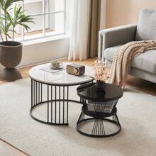 Modern Nesting Coffee Table With Wooden Top And Metal Base, Round Side Table For Living Room, Flat - Black and White - View 1