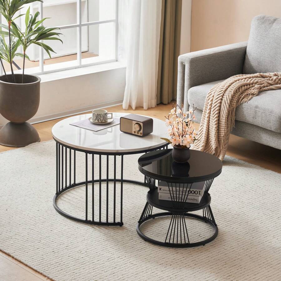 Modern Nesting Coffee Table With Wooden Top And Metal Base, Round Side Table For Living Room, Flat - Black and White - View 1