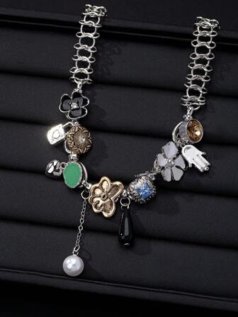 1pc Y2K Stylish & Flower Shape Faux Pearl Decor Necklace Chain, Suitable For Women Valentines