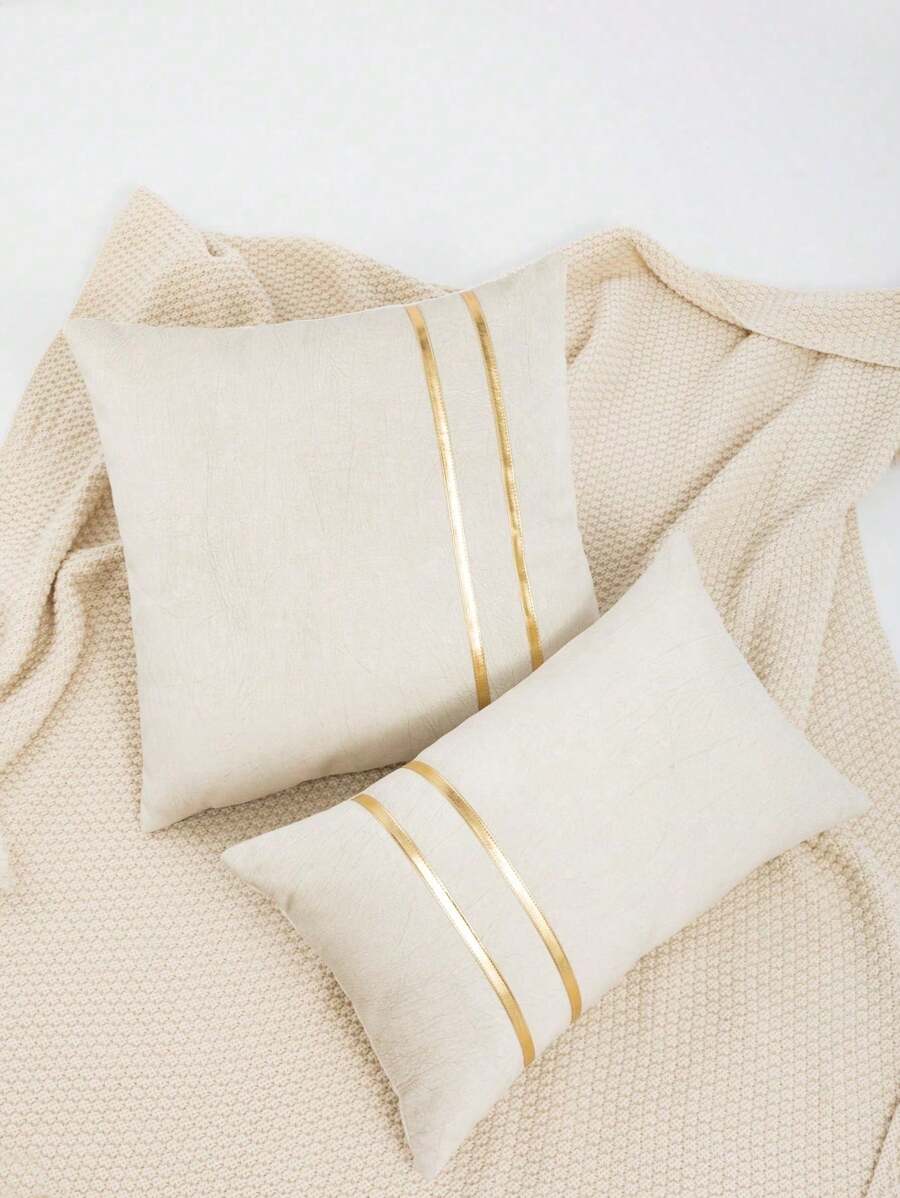 1pc/2pcs Parallel Line Beige Pillow Cover, Thickened Composite Fabric, Modern Minimalist Style With Gold Foil Leather Craft, Suitable For Living Room, Bedroom, Sofa, Headboard, Outdoor Garden, Holiday Party Decor, All Season Pillow Cover, Without Insert, 30*50cm, 45*45cm