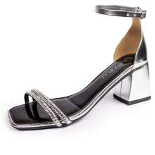 Women's Sandals With Square Block Heel, Low Thick Heel, Two Straps, Shiny - 銀色 - 查看 4