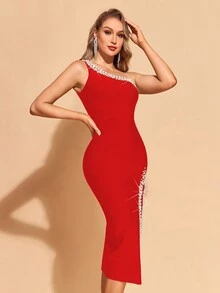 女士珍珠串珠不对称领口绷带修身中长连衣裙，优雅高开衩露背无袖鸡尾酒礼服，适合鸡尾酒会、四季皆宜、情人节、婚礼宾客等场合。 - 紅色 - 查看 3
