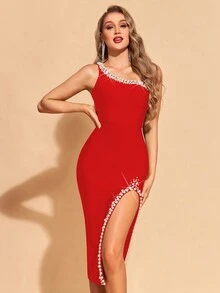 女士珍珠串珠不对称领口绷带修身中长连衣裙，优雅高开衩露背无袖鸡尾酒礼服，适合鸡尾酒会、四季皆宜、情人节、婚礼宾客等场合。 - 紅色 - 查看 5