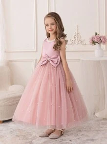 少女粉色薄纱派对礼服，公主生日正式长礼服 - 粉色 - 查看 5