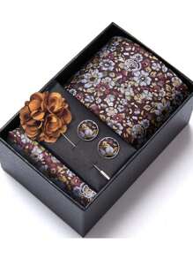 AlanKing 1 set de corbata, pañuelo de bolsillo, gemelos y broche con diseño de flor dorado para hombre, para fiestas/festivales