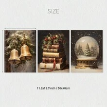 Conjunto de 3 impresiones de arte de pared rústico navideño, pósters de lienzo navideños, bola de nieve del árbol de Navidad, campanas de cascabel, arte de libro pintura al óleo vintage, decoración de Academia Oscura, decoración de invierno, regalos navideños para dormitorio, sala de estar, pasillo, decoración del hogar, sin marco