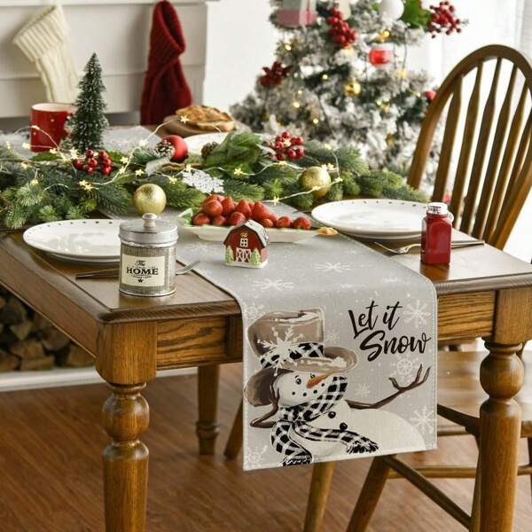 1PC Grey Snowman Snow Let It Snow Christmas Tablecloth, Seasonal Winter Kitchen Table Decor For Family Party Interiors