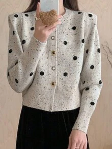 女士灰色波点泡泡袖圆领开衫，秋冬款 - 灰色 - 查看 2