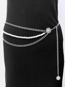 优雅的女士金色时尚身体链，采用多层链条、仿珍珠串珠和金属腰链设计，完美搭配连衣裙，适合万圣节、夏季、秋季、上学等各种场合。 - 金色 - 查看 8