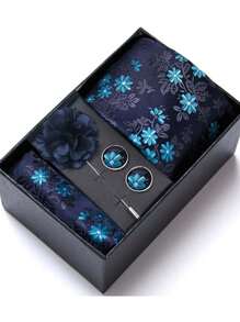 AlanKing 1 set de corbata, pañuelo de bolsillo, gemelos y broche con diseño de flor dorado para hombre, para fiestas/festivales