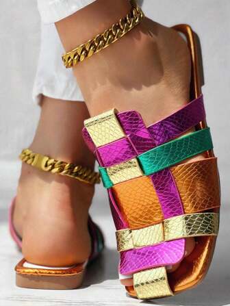 Women's Colorful Patchwork Woven Square Toe Flat Slide Sandals, Casual Comfy Resort Beach Slip-On Mules